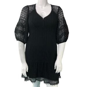 Nanette Lepore Size 6 Black Crochet Dress V Neck Balloon 3/4 Sleeve Drop Waist